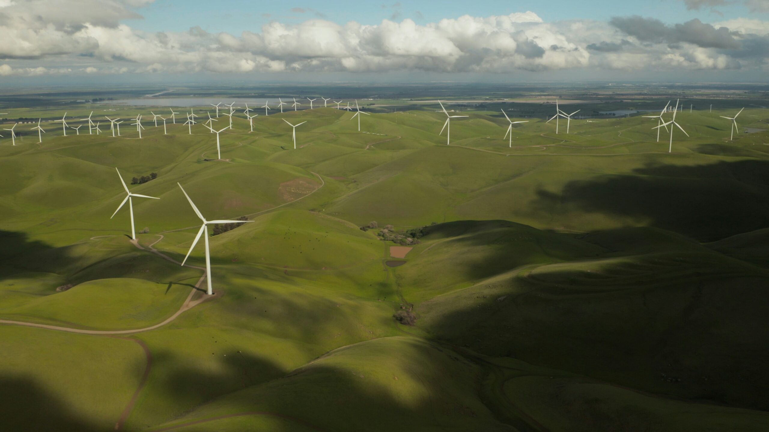 An expansive landscape of rolling green hills dotted with numerous wind turbines under a partly cloudy sky. This image, showcasing renewable energy generation, is credited to Tyler Casey from Unsplash.